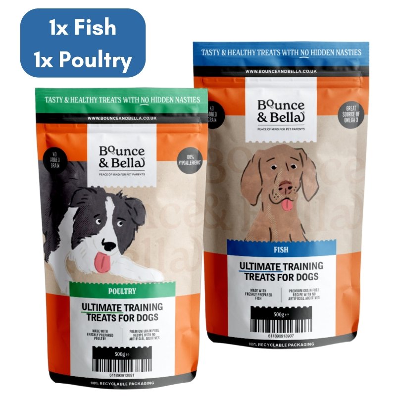 **Discounted Multipack** - 2 Packs - 1 Poultry (500g) & 1 Fish (500g) for only £19.98 (save £4 on the normal price!) - Grain Free Ultimate Fish & Poultry Treats for Dogs
