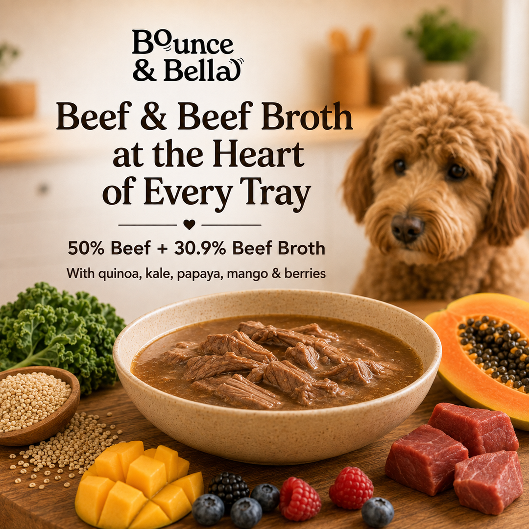 Beef wet dog food with 50% beef and 30.9% beef broth
