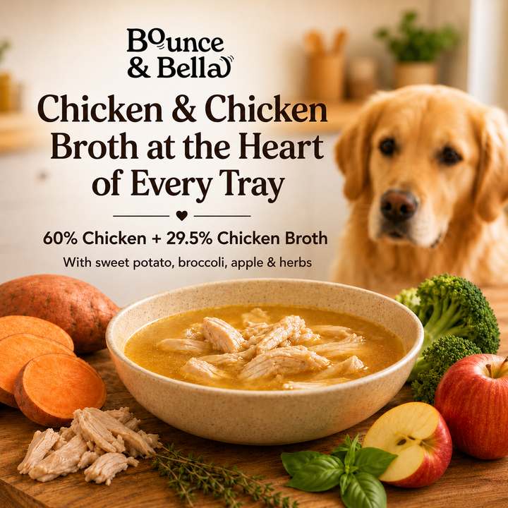 Chicken wet dog food with 60% chicken and 29.5% chicken broth