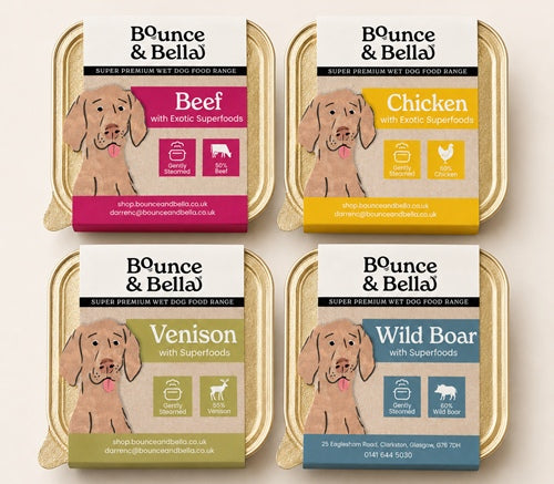 1) Bounce &amp; Bella mixed wet dog food trays in Chicken, Beef, Venison and Wild Boar flavours
