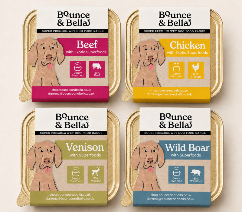  Bounce & Bella mixed wet dog food trays in Chicken, Beef, Venison and Wild Boar flavours